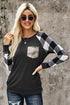 Plaid Splicing Sequined Pocket Long Sleeve Top